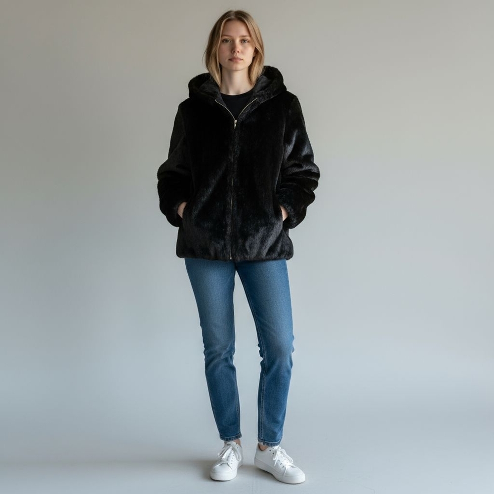 Black Mink Faux Fur Hooded Full Zip Jacket Vegan Winter Cozy Casual Sz M L